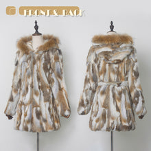 Load image into Gallery viewer, Womens Coat Genuine Rabbit Fur Coat with Raccoon Fur Trim Hood Winter Jacket Winter Coat Fur Story FS010107