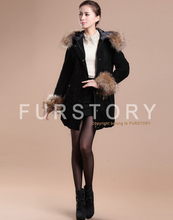 Load image into Gallery viewer, Winter Pig Leather Suede Windbreak with Natural Raccoon Fur Hood Slim Waist Women&#39;s Coats