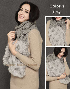 Real Knitted REX Rabbit Fur Scarf Beautiful Long Wrap Cape Shawl Neck Warmer Patches Color Top Quality FS15505