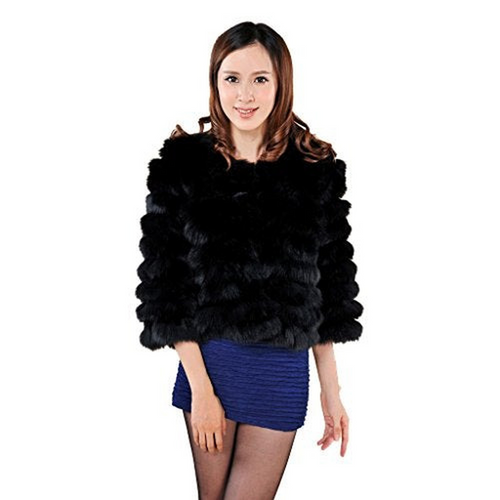 Women's Short Natural Fox Fur Coat with Three Quarter Sleeve