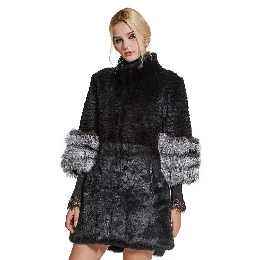 Fur Story Women's Genuine Rabbit Fur Coat with Fox Fur Cuffs Warm Win ...