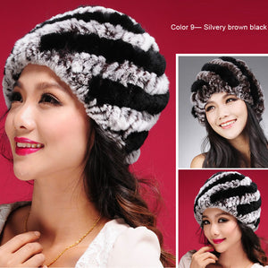 Women Knitted Real REX Rabbit Fur Hat Skullies Beanie Headgear 060108