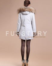 Load image into Gallery viewer, Winter Pig Leather Suede Windbreak with Natural Raccoon Fur Hood Slim Waist Women&#39;s Coats