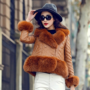 Genuine Leather Jacket Coat for Women Winter with Natural Fox Fur Collar and Trim