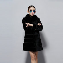 Load image into Gallery viewer, Women&#39;s Natural Rabbit Fur Overcoat with Real Fur Collar Classical Cross Stripe Plus Size Coat