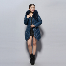 Load image into Gallery viewer, Women&#39;s Genuine Leather Coat with Fox Fur Hood Trim Winter Invisible Zipper Design Leather Down Coat 14156