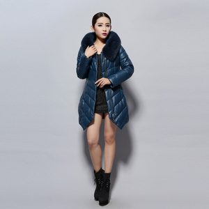 Women's Genuine Leather Coat with Fox Fur Hood Trim Winter Invisible Zipper Design Leather Down Coat 14156