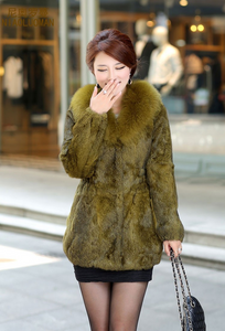 Natural Rabbit Fur Coat Fox Fur Collar Super Slim Waist Women Jacket Winter Overcoat