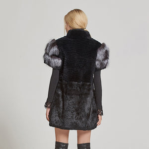 Women's Genuine Rabbit Fur Coat with Fox Fur Cuffs Warm Winter Coat 17215