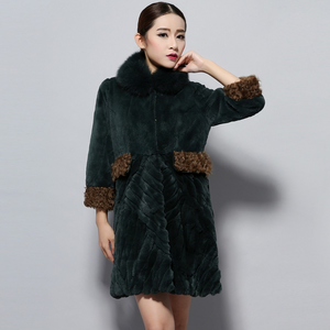 Women's Natural Rex Rabbit Fur Coats with Real Fox Fur Collar and Lamb Cuff Coat Female