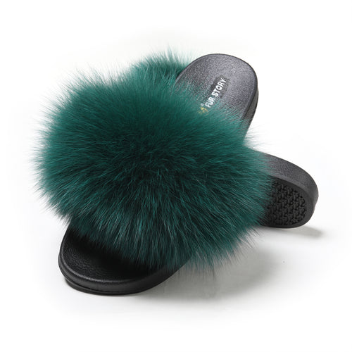 Fur Story FS20S21 Women's Fox Fur Slides Furry Slides for Outdoor Fluffy Sandals Open Toe Fur Slippers