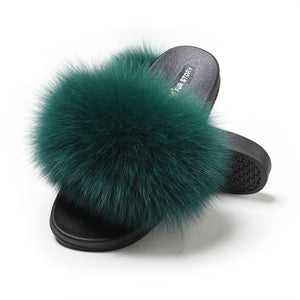 Fur Story FS20S21 Women's Fox Fur Slides Furry Slides for Outdoor Fluffy Sandals Open Toe Fur Slippers