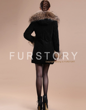 Load image into Gallery viewer, Winter Pig Leather Suede Windbreak with Natural Raccoon Fur Hood Slim Waist Women&#39;s Coats