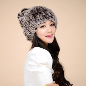 Women's Hats Knitted Real REX Rabbit Fur Beanie Hat 14603