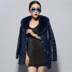 Genuine Leather Coat Female Single Breasted Ladies' Full Pelt Real Fox Fur Collar Women's Down Coat 14157