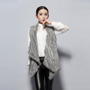 Women's Knitted Real Rabbit Fur Vest Europe Latest Style Long Vest Waistcoat Jacket