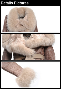 Natural Sheep Fur Coat Double Faced Overcoat Fox Fur Collar Trim Leather