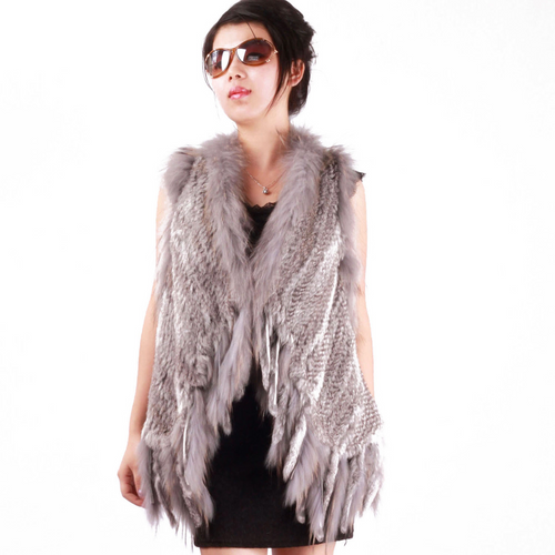 Women's Real Rabbit Fur Vest with Raccoon Collar Long Tassel Knitted Fur Vest Female