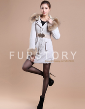 Load image into Gallery viewer, Winter Pig Leather Suede Windbreak with Natural Raccoon Fur Hood Slim Waist Women&#39;s Coats