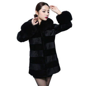 Natural Rabbit Fur Coat Fox Fur Collar Sleeve Cuff Jacket Winter Long Overcoat