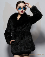 Load image into Gallery viewer, Natural Rabbit Fur Coat Fox Fur Collar Super Slim Waist Women Jacket Winter Overcoat