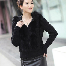 Load image into Gallery viewer, Women&#39;s Coats Fur Coats Real Knit Rabbit Fur Big Hood Thick Sweater Coats 010102