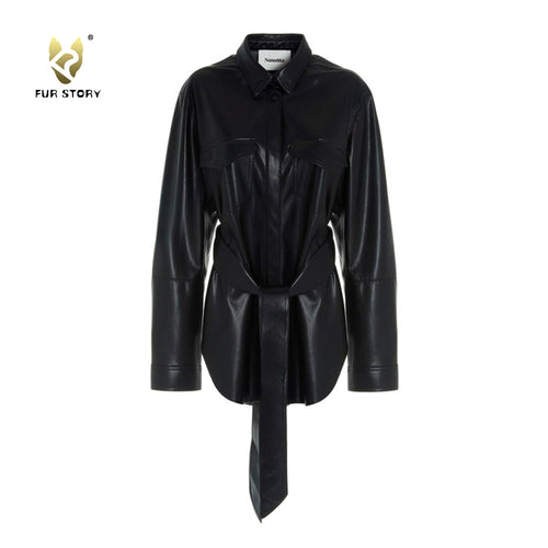 FUR STORY Women’s Faux  Leather Jacket Lapel Button Up Blazer Biker Coat 22L01