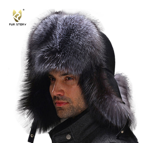 FUR STORY Men's Leather Hat Fur Trapper Hat with Sheepskin Earflap Fur Bomber Hat Winter Hat 14635