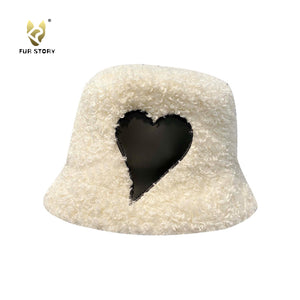 FUR STORY Women's heart pattern plush bucket hat warm fisherman's hat in winter 22625