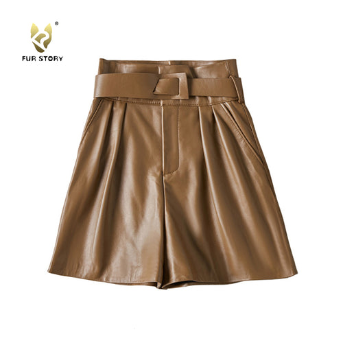 FUR STORY Sheepskin Pleated Shorts Women's High Waist with Pocket 22L03