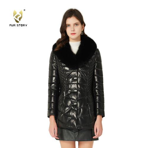 FUR STORY Women's Leather Quilted Jackets Puffer Jackets Packable Winter Coats With Fox Fur Collar 20102
