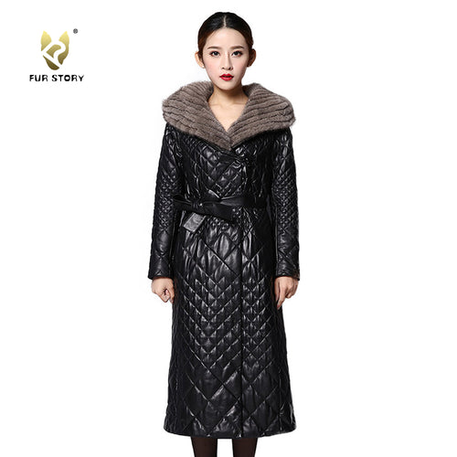FUR STORY Winter Women's Real Sheep Leather Coat Natural Mink Fur Long Jacket 151244