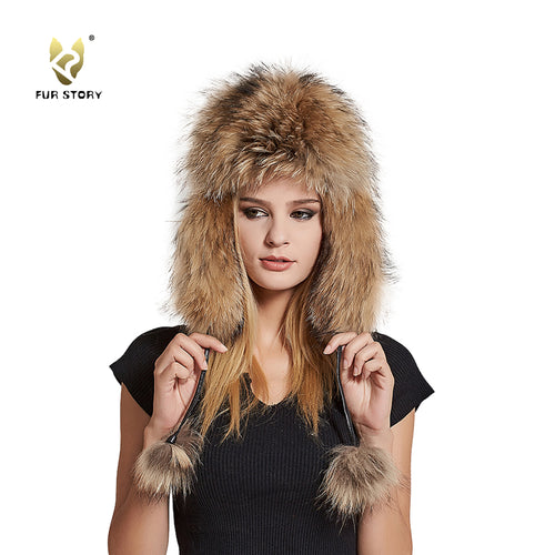 FUR STORY Women's Fur Trapper Hat with Sheepskin Earflap Warm Bomber Hat Winter hat with Pom Pom 17612