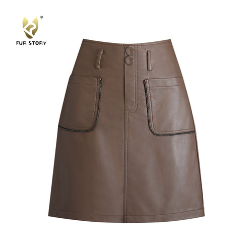 FUR STORY Women Elegant PU Leather Short Skirt With pocket 22L04