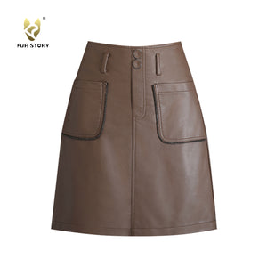 FUR STORY Women Elegant PU Leather Short Skirt With pocket 22L04