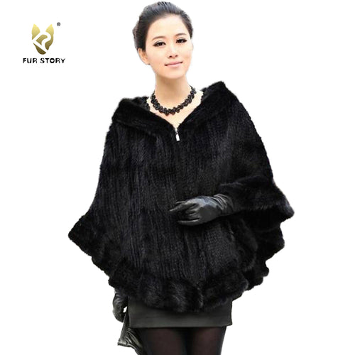 FUR STORY Women's Knitted Mink Fur Shawl Real Fur Scarf Natural Mink Poncho Coat 070304