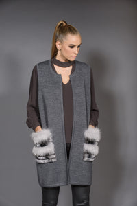 UE FS18222 Women' double Face Wool Vest Cashmere Fox Fur decorative