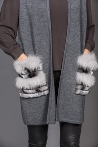 UE FS18222 Women' double Face Wool Vest Cashmere Fox Fur decorative